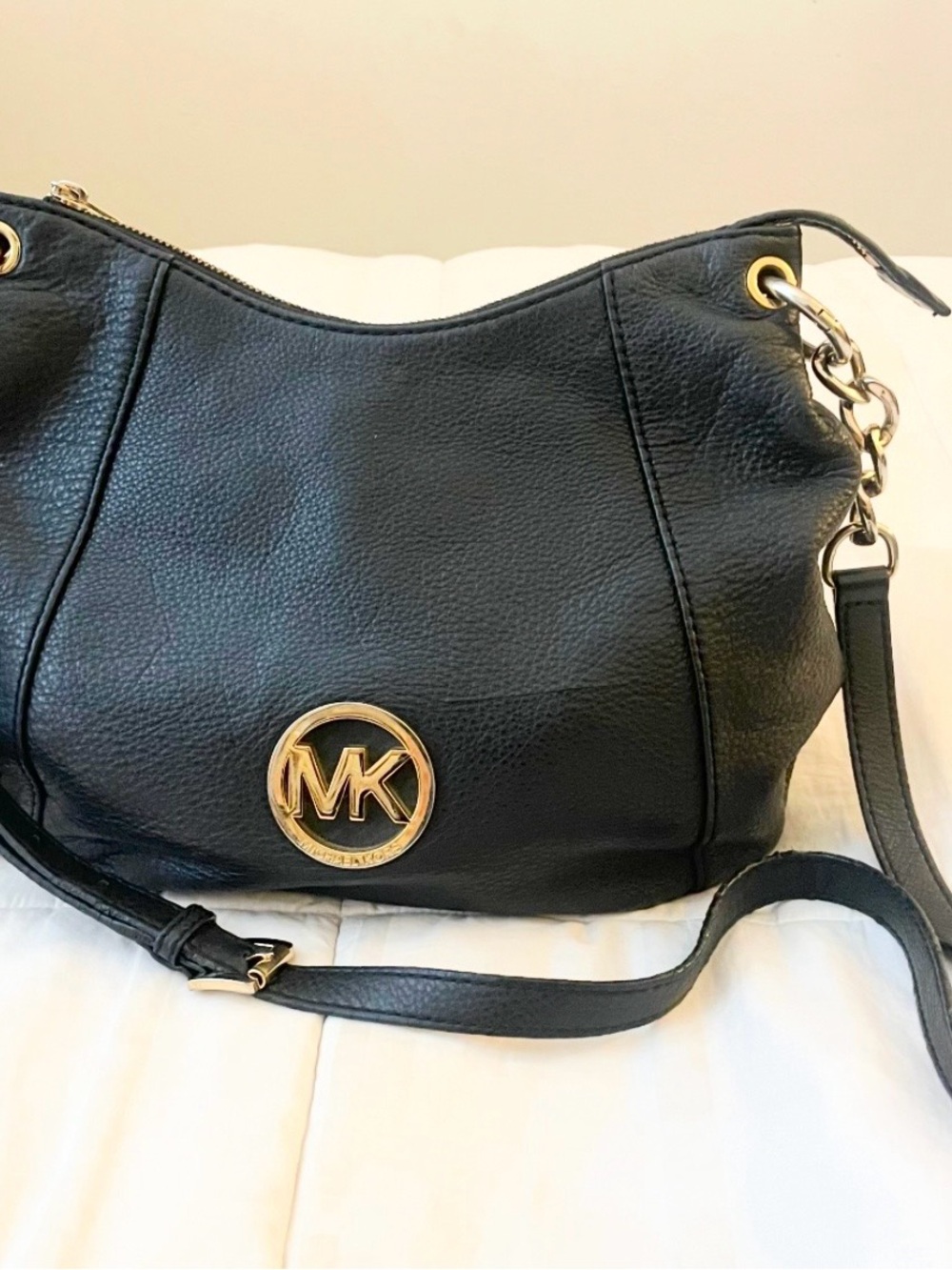 Michael Kors Black Leather Shoulder Bag with Gold MK Emblem
